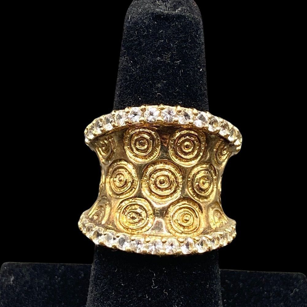 Sterling silver 925 concave ring with gold overlay swirl white sapphire